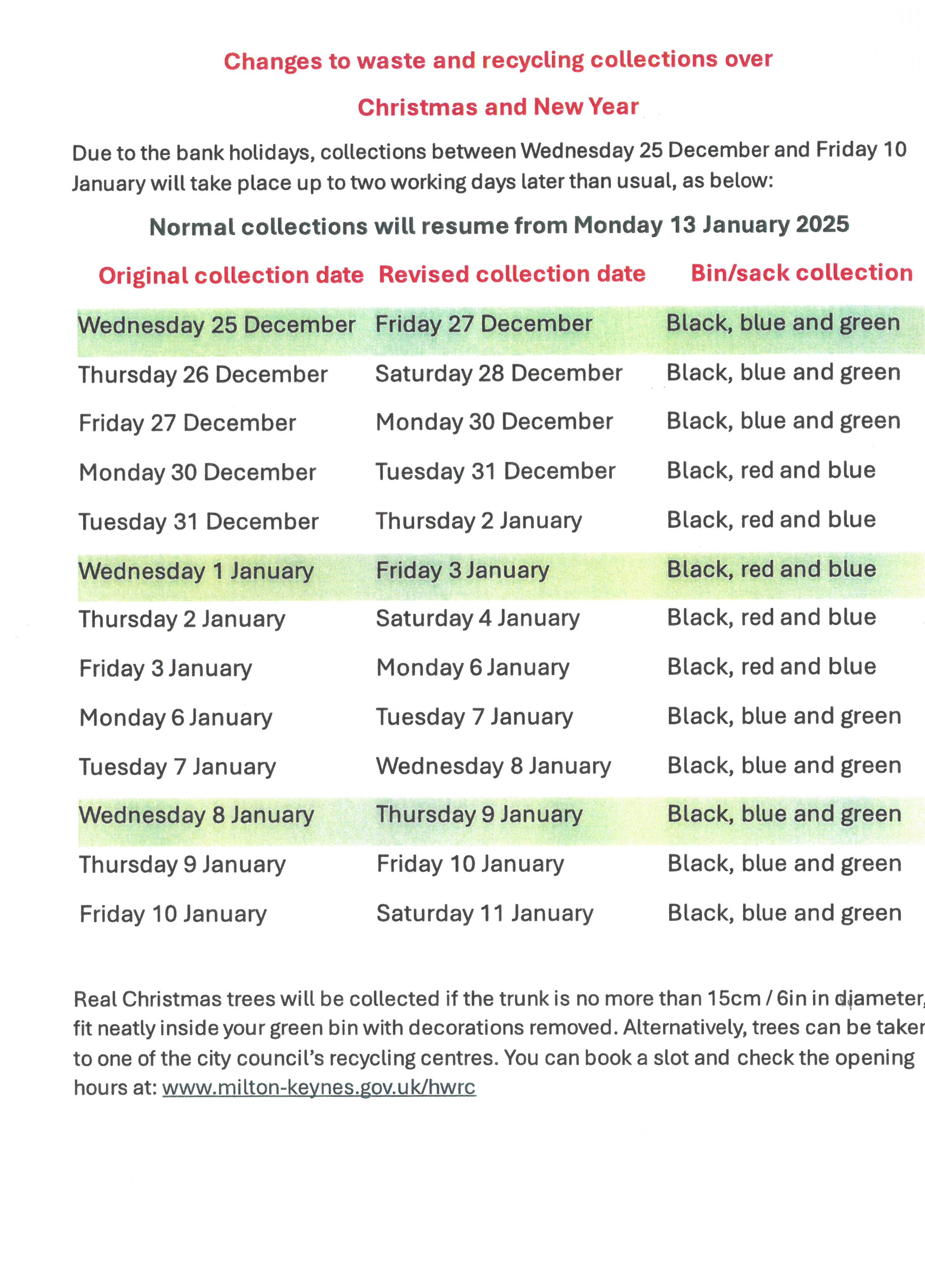 Christmas Waste Collection Dates